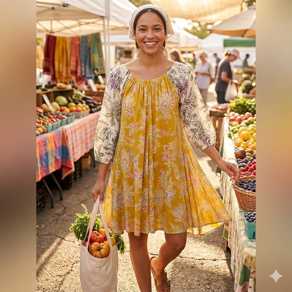 Sz XS Daily Practice ANTHROPOLOGIE MOLLIE Yellow Cream Print Open Back Dress